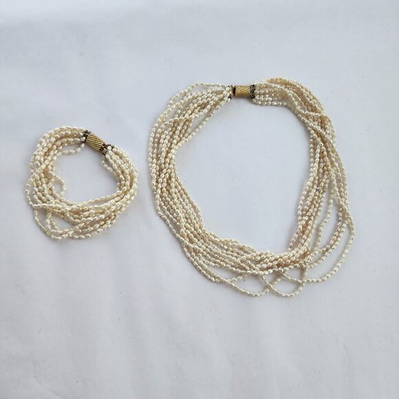 Genuine rice Pearl 10 strand Choker Necklace & Bracelet Set Vintage Old Money - Picture 2 of 9